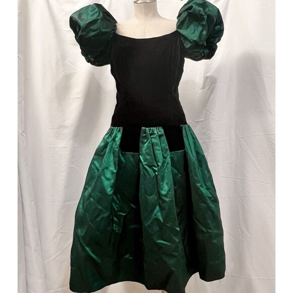 Victor Costa Bonwit Telller Vintage 80s Formal Green Velvet Dress Size S/M - Picture 1 of 14